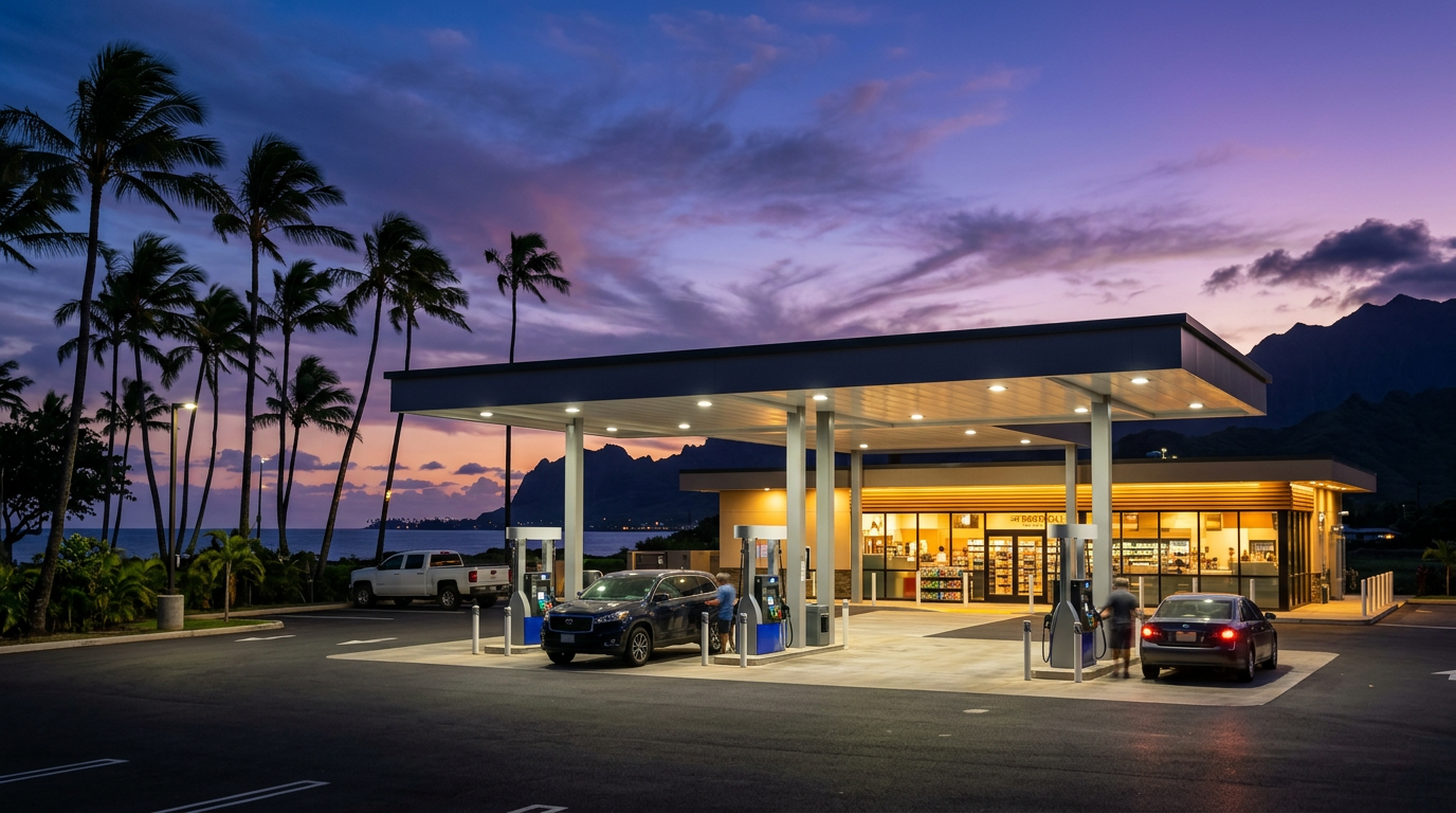 Aloha Petroleum store forecourt at dusk beneath a lit fuel canopy